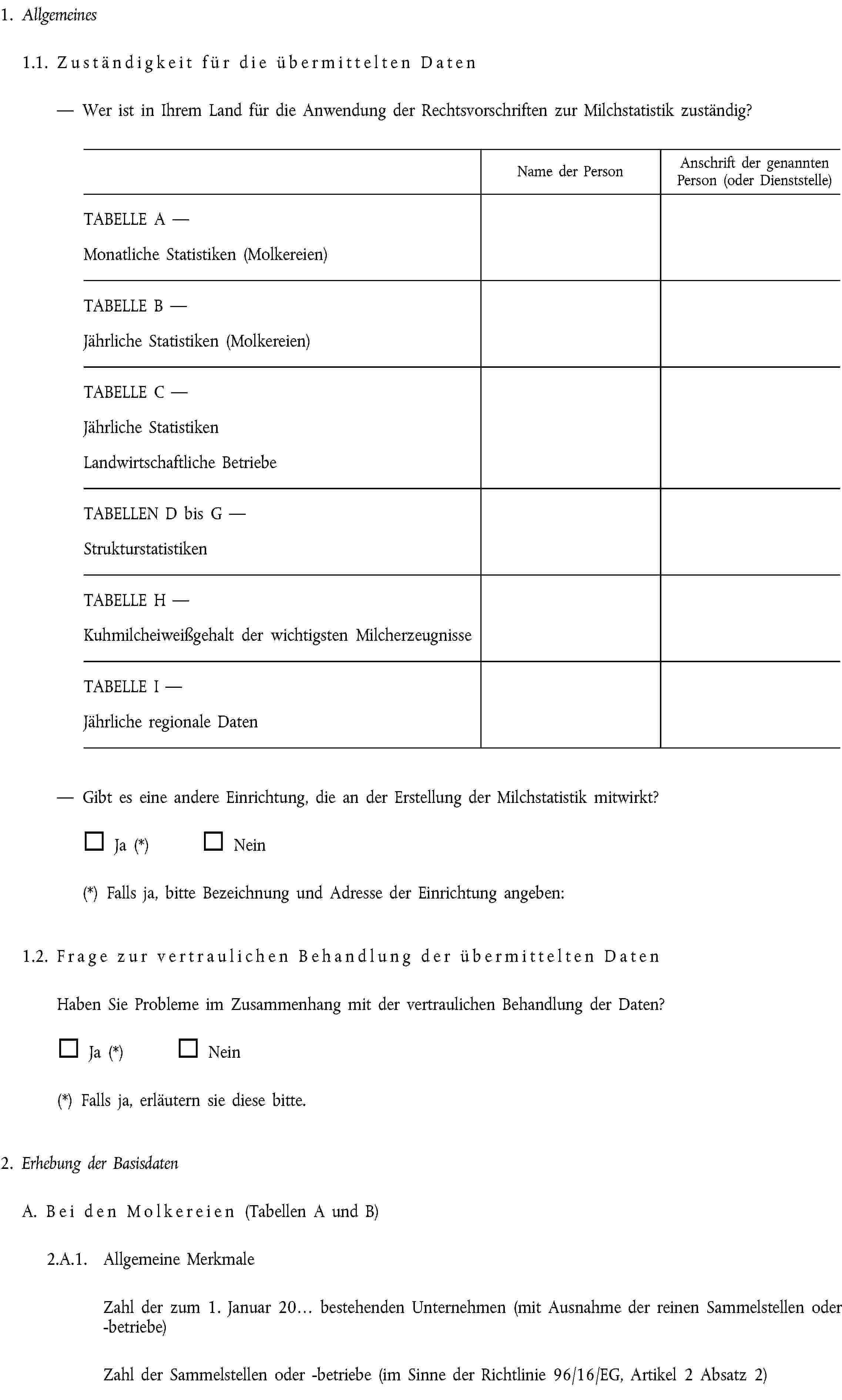 1. Allgemeines1.1. Zuständigkeit für die übermittelten DatenWer ist in Ihrem Land für die Anwendung der Rechtsvorschriften zur Milchstatistik zuständig?Name der PersonAnschrift der genannten Person (oder Dienststelle)TABELLE A —Monatliche Statistiken (Molkereien)TABELLE B —Jährliche Statistiken (Molkereien)TABELLE C —Jährliche Statistiken Landwirtschaftliche BetriebeTABELLEN D bis G —StrukturstatistikenTABELLE H —Kuhmilcheiweißgehalt der wichtigsten MilcherzeugnisseTABELLE I —Jährliche regionale DatenGibt es eine andere Einrichtung, die an der Erstellung der Milchstatistik mitwirkt?Ja (*) Nein(*) Falls ja, bitte Bezeichnung und Adresse der Einrichtung angeben:1.2. Frage zur vertraulichen Behandlung der übermittelten DatenHaben Sie Probleme im Zusammenhang mit der vertraulichen Behandlung der Daten?Ja (*) Nein(*) Falls ja, erläutern sie diese bitte.2. Erhebung der BasisdatenA. Bei den Molkereien (Tabellen A und B)2.A.1. Allgemeine MerkmaleZahl der zum 1. Januar 20… bestehenden Unternehmen (mit Ausnahme der reinen Sammelstellen oder -betriebe)Zahl der Sammelstellen oder -betriebe (im Sinne der Richtlinie 96/16/EG, Artikel 2 Absatz 2)