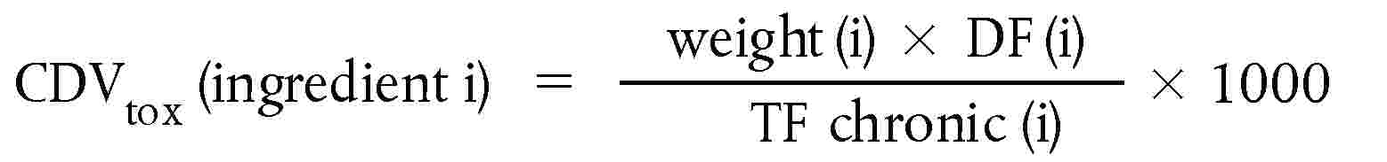 CDV tox (ingredient i) = weight (i) x DF (i)/TF chronic (i) x 1000