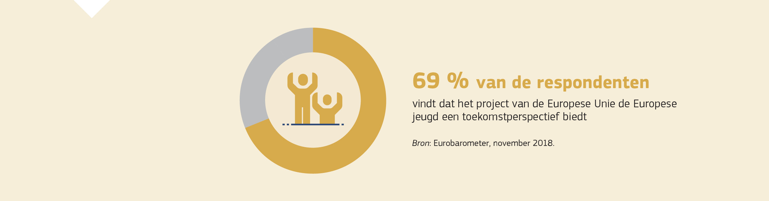 69 % van de respondenten vindt dat het project van de Europese Unie de Europese jeugd een toekomstperspectief biedt. Bron: Eurobarometer, november 2018.