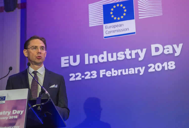 EU-kommissionens vice ordförande Jyrki Katainen håller ett anförande vid den andra europeiska industridagen som ägde rum i Bryssel, Belgien, den 22 februari 2018.