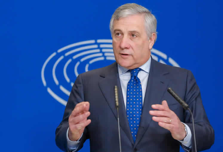 Antonio Tajani, voorzitter van het Europees Parlement, op een persconferentie in het Europees Parlement over de terugtrekking van het Verenigd Koninkrijk uit de EU, Straatsburg, Frankrijk, 15 november 2018.
