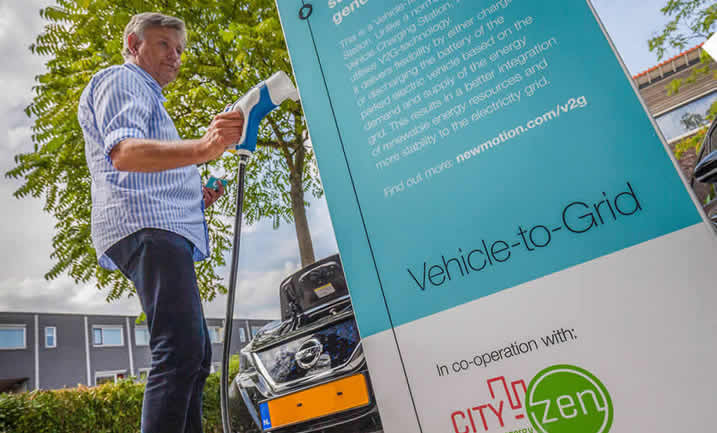 Čovjek u Amsterdamu u Nizozemskoj priključuje svoj električni automobil na javnu postaju za punjenje, koja je dio projekta za pametne gradove City-zen, financiranog sredstvima iz EU-ova programa Obzor 2020. To financiranje dio je Plana ulaganja za Europu predsjednika Junckera, koji je 18. srpnja 2018. premašio prvotni cilj ulaganja od 315 milijardi €.