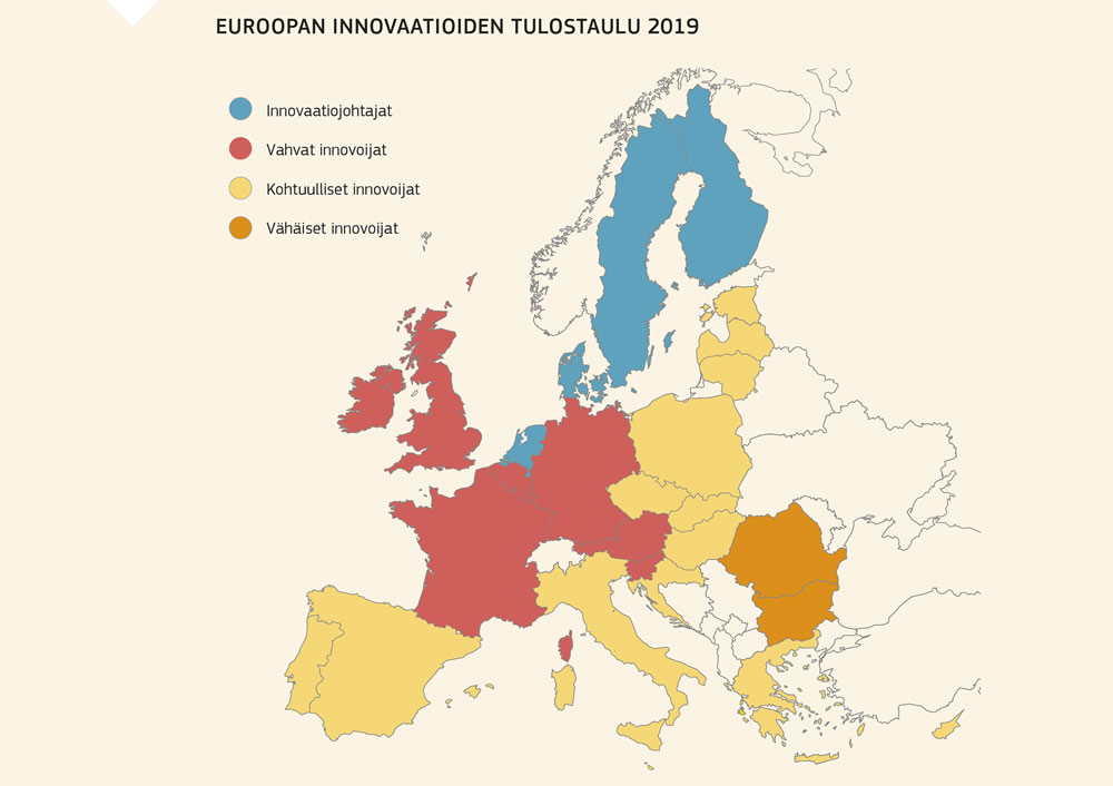 Kartta, jossa Euroopan unionin jäsenvaltiot asetetaan järjestykseen vuoden 2019 innovaatiotulosten perusteella.