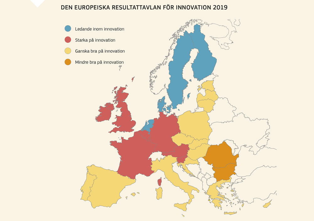 Karta med en rankning av EU:s medlemsländer efter deras innovationsresultat år 2019.