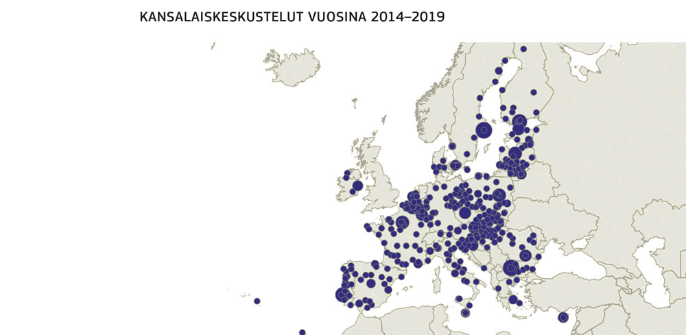 Kartta kansalaiskeskustelujen maantieteellisestä jakautumisesta vuosina 2014–2019.