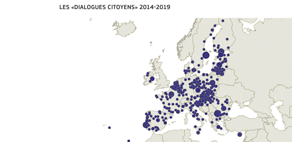 Carte montrant la répartition géographique des dialogues citoyens organisés entre 2014 et 2019.