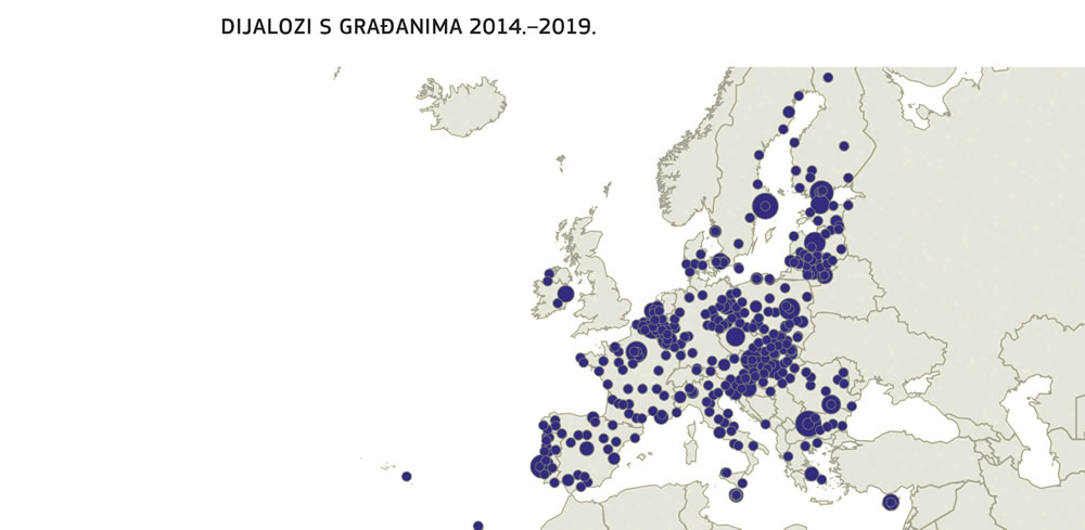 Karta koja prikazuje zemljopisnu raspodjelu dijaloga s građanima u razdoblju od 2014. do 2019.