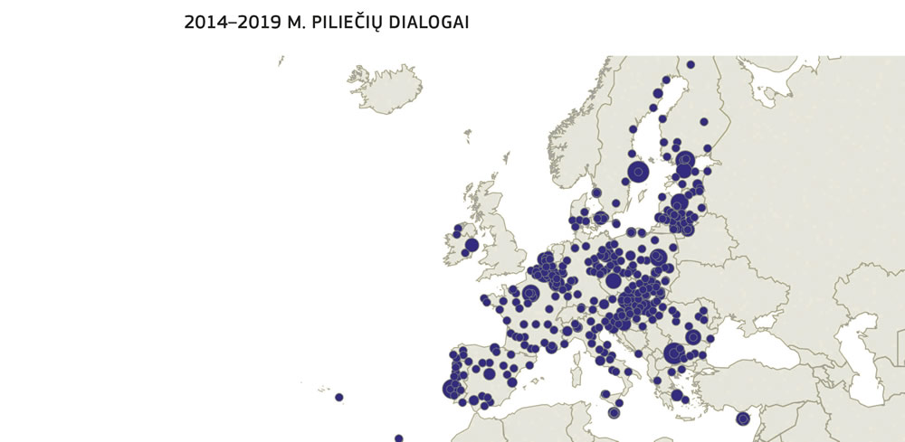 Žemėlapis, kuriame parodytas geografinis piliečių dialogų pasiskirstymas 2014–2019 metais.