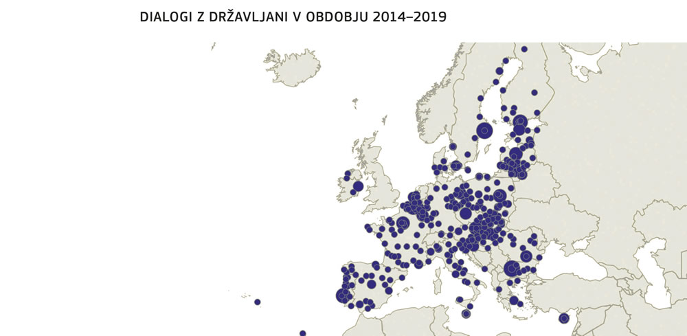 Zemljevid, ki prikazuje geografsko razporeditev dialogov z državljani med letoma 2014 in 2019.