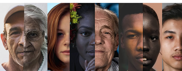 Juxtapunere orizontală de jumătăți de fețe ale unor persoane de etnii și vârste diferite.